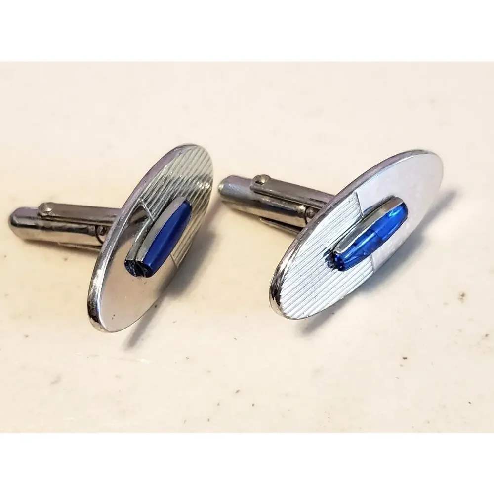 Anson Cuff Links Vintage Brushed Silver Tone Blue‎ Lucite 1970s Cufflinks cl-